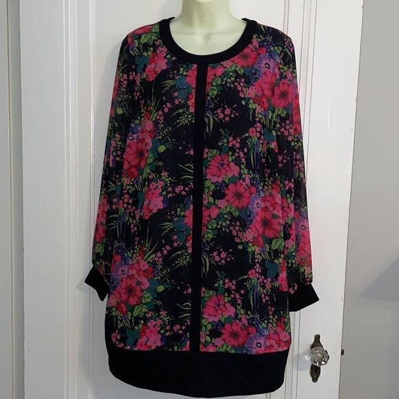 Doncaster Tops - Lovely Doncaster Collection black & pink floral long tunic or dress